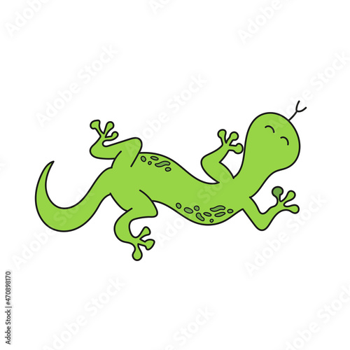 Simple cartoon icon. Cartoon doodle green gecko lizard vector illustration on white