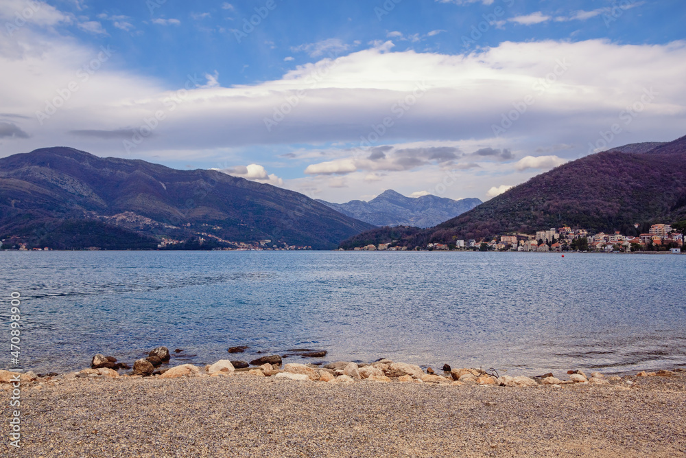 Cloudy Mediterranean landscape on winter day. Montenegro, Adriatic Sea, view of  Kotor Bay near Tivat city