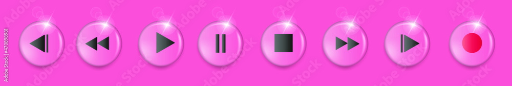 Set of volumetric media player button icons in pasific pink colors ...