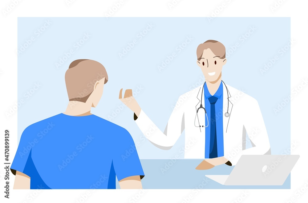Male doctor is consulting with patients in clinic or hospital. Healthcare and medical concept. Vector illustration. Male doctor is consulting with patients in clinic or hospital. Healthcare and medical concept. Vector illustration.