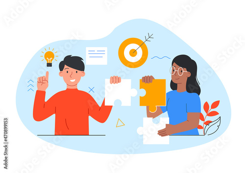 Business support abstract. Man and girl put together puzzles. Teamwork concept. Help for small business. Entrepreneur and investor. Workflow, friend, employee. Cartoon flat vector illustration