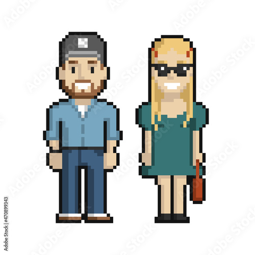 Pixel art set of cute couple of a man and a woman on a white background.