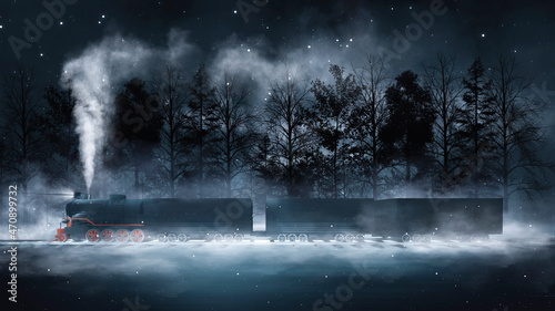 Night fantasy landscape with a train in a dark forest. A vintage train rides a railroad through the forest at night. Smoke, smog, fog, snow. 3D illustration.
