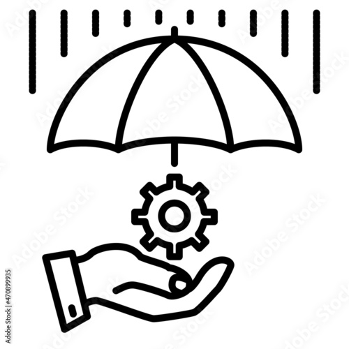 Protection of the mechanism from rain. Gear wheel in the open palm under the umbrella during the rain. Vector icon, outline, isolated.