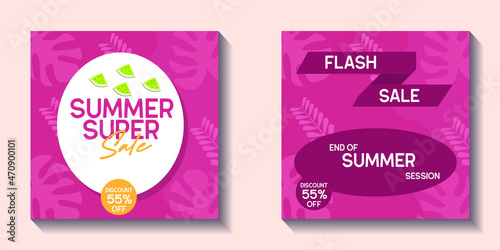 set of Summer Sale banner, hot season sale poster with leaves. Invitation for shopping. special offer card, template for design template