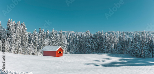Rotes Haus an einem Verschneiten Wald