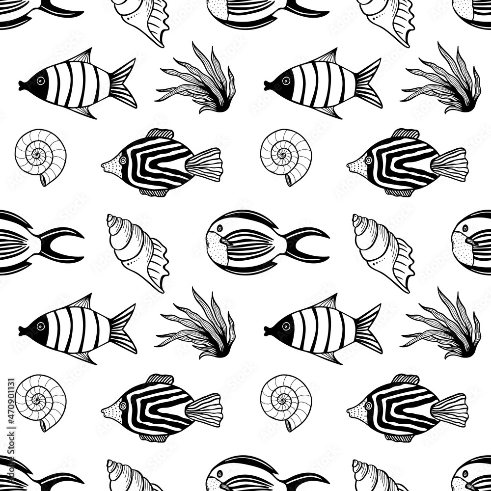 Seamless pattern with fishes, weeds and shells