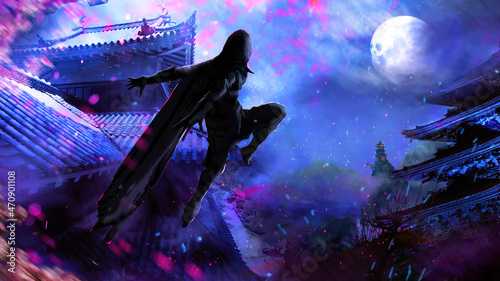 The killer in a dynamic pose with a hood and cape jumps on the roofs of Japanese castles. the full moon is visible in the background among clouds and roofs of houses and branches of sakura. 2d art