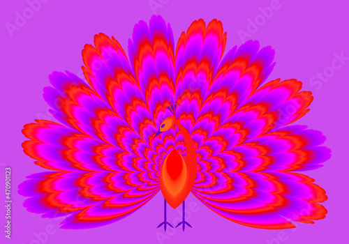 Red peacock with shining tail. Optical expansion illusion.