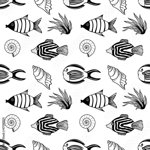 Seamless pattern with fishes, weeds and shells