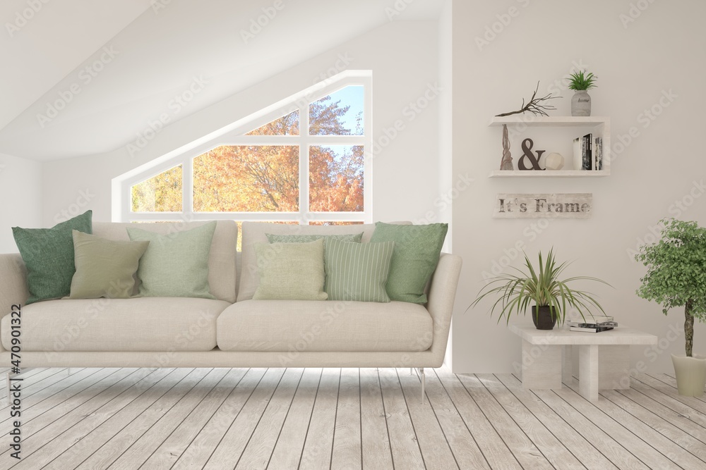 Fototapeta premium Stylish room in white color with sofa and autumn landscape in window. Scandinavian interior design. 3D illustration