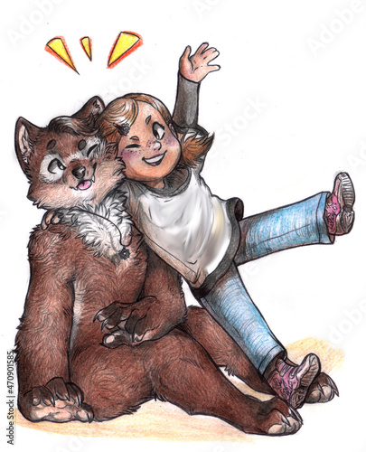 Illustration of a cute young werewolf and a human child being happy together