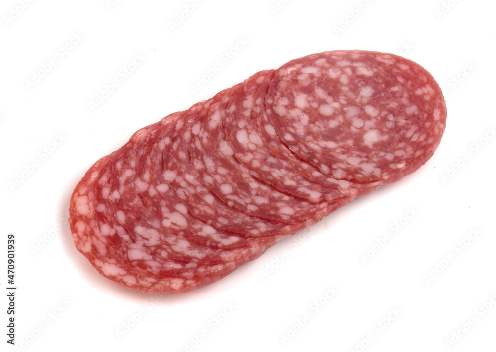 pieces of salami sausage on a white plate pieces of salami sausage on a white plate