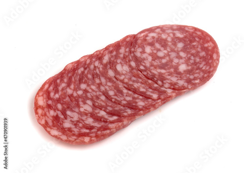 pieces of salami sausage on a white plate