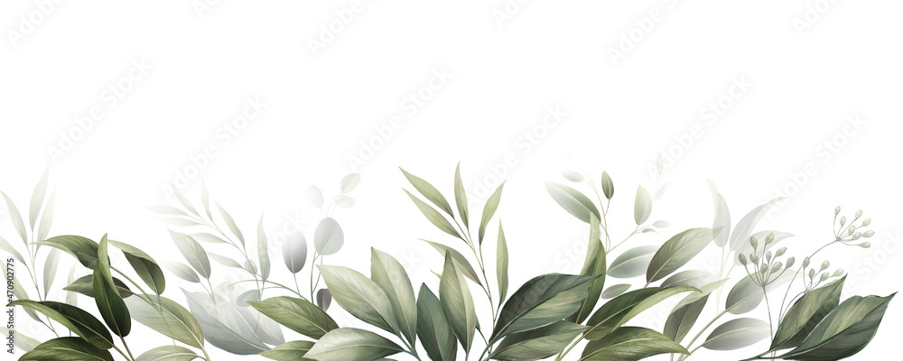 Floral border of greenery, can be used as greeting card, invitation card for wedding, birthday and other holiday and  summer background. Watercolor illustration