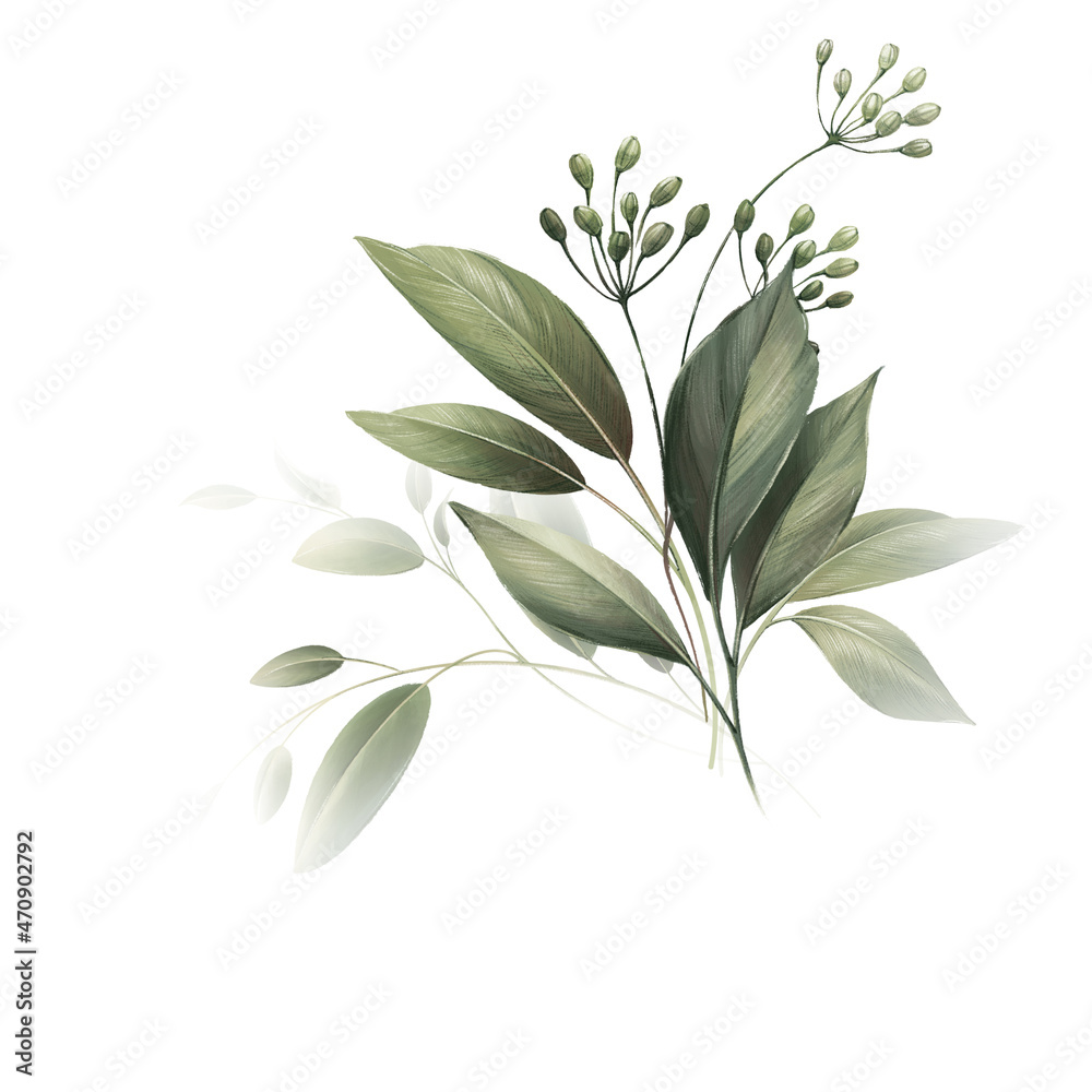 Bouquet of greenery, can be used as greeting card, invitation card for wedding, birthday and other holiday and summer background. Watercolor illustration Bouquet of greenery, can be used as greeting card, invitation card for wedding, birthday and other holiday and summer background. Watercolor illustration
