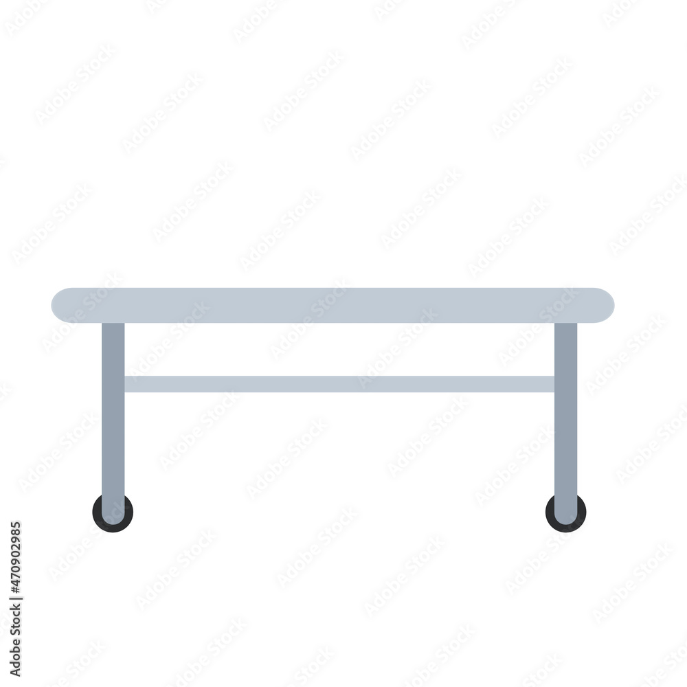 Medical bed on wheels. Decoration of clinic. Hospital bed or stretcher. Flat simple illustration isolated on white