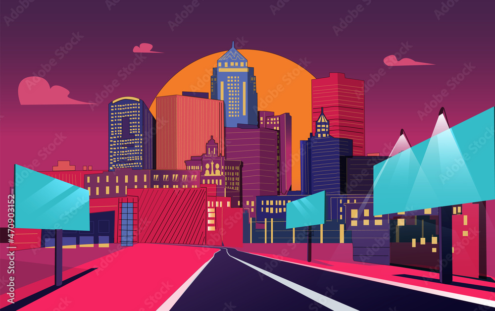 Bright colored cityscape. Street of town city with road , many .high-rise buildings, skyscrapers. Big boards with glowing bulbs. Empty downtown road. Sunset, evening