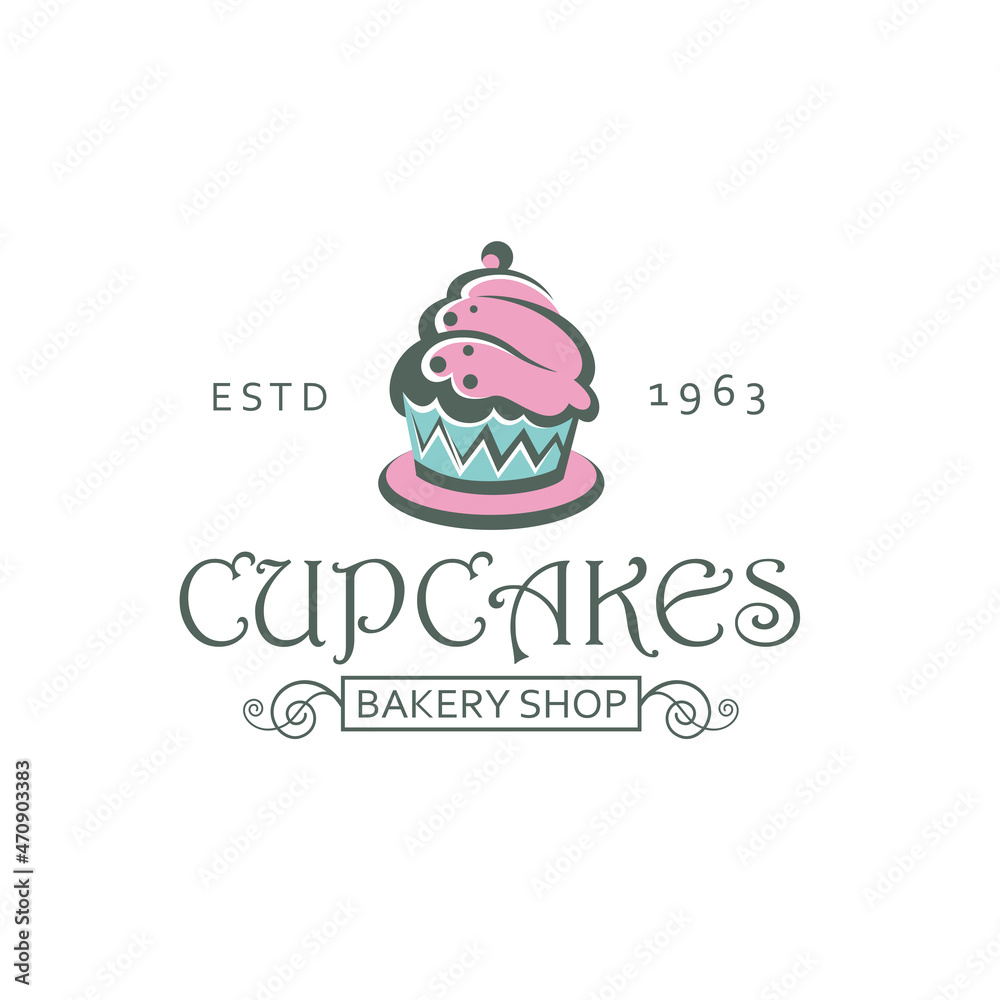 Fototapeta premium label with cupcake for bakery shop isolated on white background