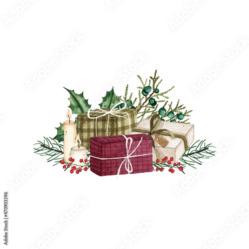 Watercolor Christmas gift boxes, candles isolated on white background. Winter holiday xmas celebration illustration 