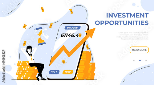 Invest in Bitcoin Concept Illustration. Businesswoman invests in crypto watching as price grows. Return on investment, cryptocurrency growth, crypto mining, pension savings account, vector concept