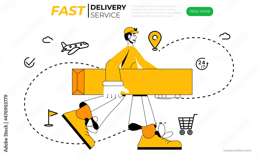 Deliveryman with a box. Courier delivering package. Online delivery service banner template. Worldwide Delivery and shipment service concept. Vector illustration. Deliveryman with a box. Courier delivering package. Online delivery service banner template. Worldwide Delivery and shipment service concept. Vector illustration.