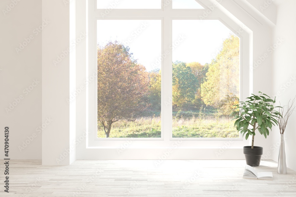 Fototapeta premium Stylish empty room in white color with autumn landscape in window. Scandinavian interior design. 3D illustration