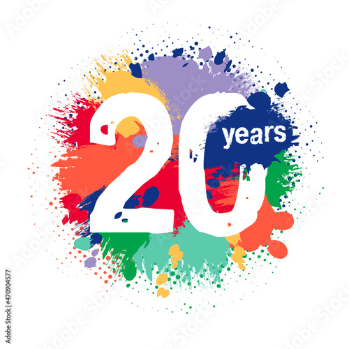 20th anniversary numbers. 20 years old. Up to 20% off logotype concept. Isolated abstract graphic design template. Creative bright drop, 2 and 0 digits. Brushing splash, chalk stroke and ink spots bg.