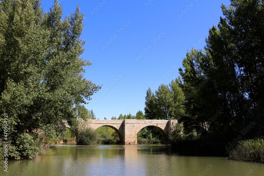 Roman bridge over the River Pisuerga seen from the river bank on a hot summer day Lantadilla Palencia Spain Roman bridge over the River Pisuerga seen from the river bank on a hot summer day Lantadilla Palencia Spain