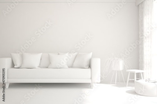 White minimalist living room with sofa. Scandinavian interior design. 3D illustration