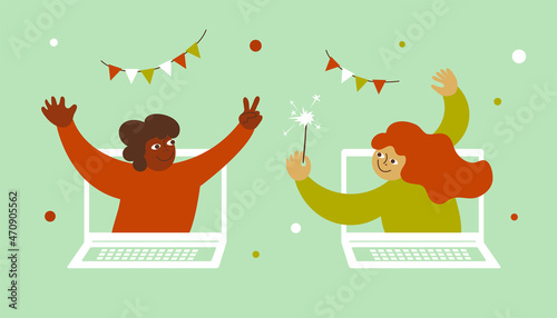 Birthday online party, Christmas celebration, new year, anniversary. Holiday video call by laptop. Friends virtual meeting. Diversity people celebrate event remote. Internet dating vector illustration