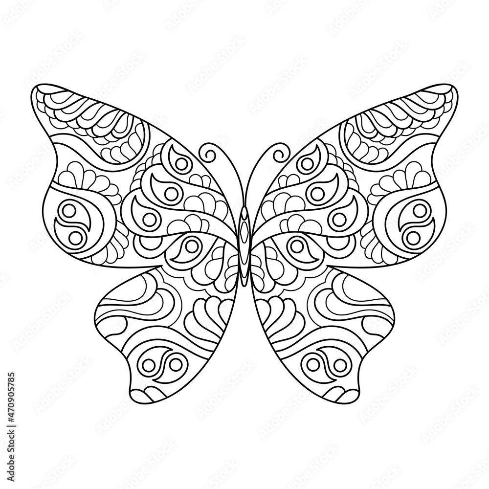 Butterfly coloring page for adults. Hand-drawn vector illustration.