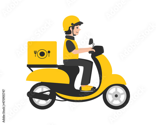 Food delivery man. The delivery man rides a yellow scooter. Vector flat illustration isolated on white background.