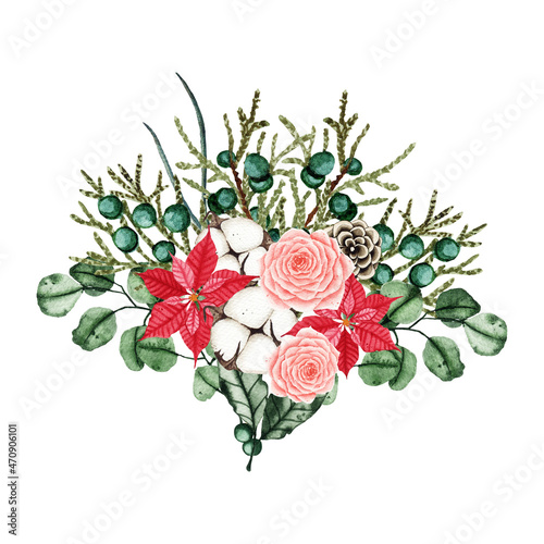 Watercolor christmas winter bouquet arrangement with fir branches  green leaves  poinsettia  cottons. Winter bouquet isolated on white background. Botanical greenery illustration