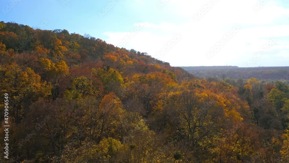 Beautiful treetops in yellow, green, red and orange colors. Drone shot flying over autumn forest on a sunny day. Blue sky over the colorful forest. Beautiful treetops in yellow, green, red and orange colors. Drone shot flying over autumn forest on a sunny day. Blue sky over the colorful forest.
