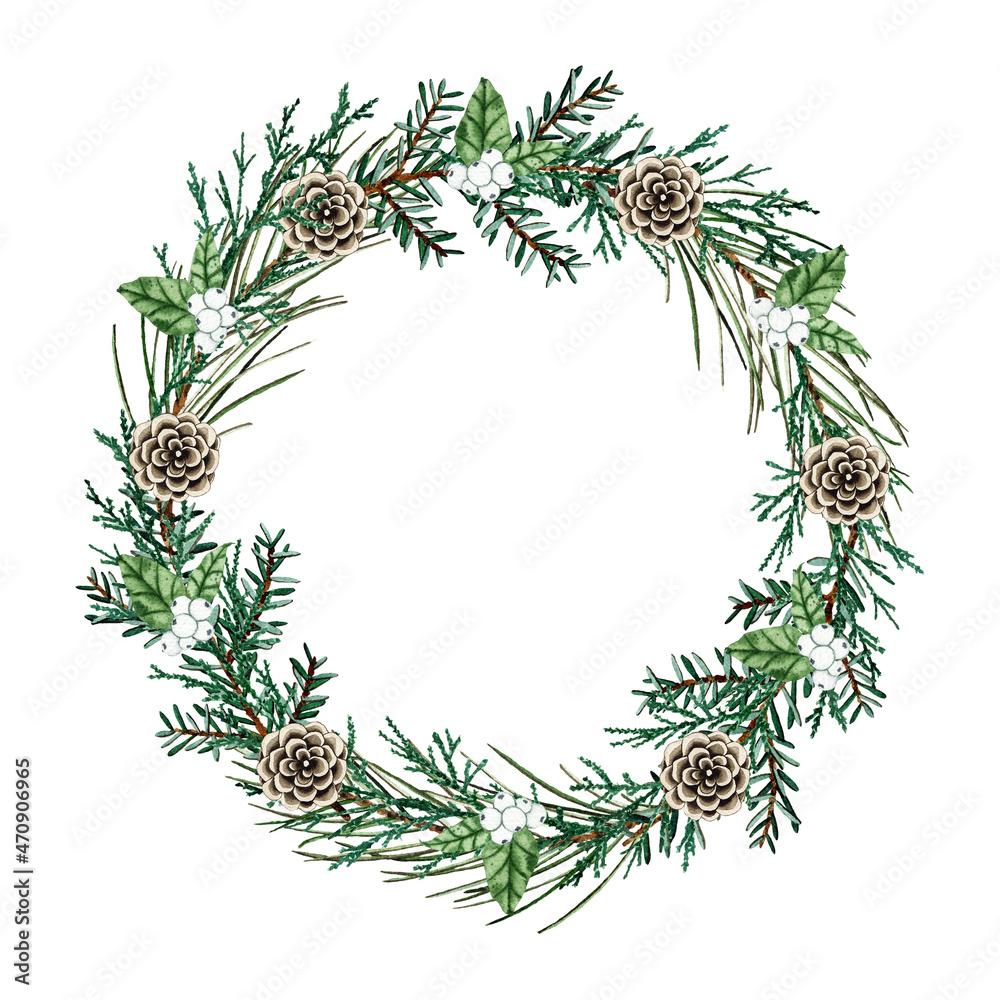Watercolor round christmas frame with fir branches, pine cones, berries, cottons isolated on white background. Botanical greenery holiday illustration for wedding invitation card design Watercolor round christmas frame with fir branches, pine cones, berries, cottons isolated on white background. Botanical greenery holiday illustration for wedding invitation card design