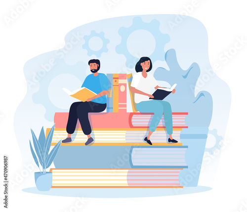 Young man and woman are reading together sitting on stack of giant books. Concept of literature fans or lovers reading together. Flat cartoon vector illustration