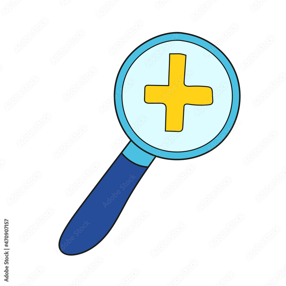 Simple cartoon icon. Magnifying glass with plus sign - vector image. Vector hand drawn illustration on white Simple cartoon icon. Magnifying glass with plus sign - vector image. Vector hand drawn illustration on white