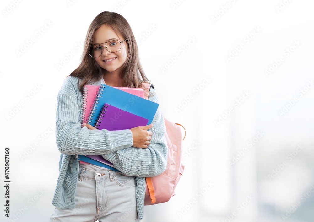 happy teen girl hold school copybook for studying, education happy teen girl hold school copybook for studying, education