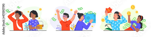Set of rich and poor people with different salary on white background. Income or career growth unfair opportunity. Concept of financial inequality or gap in earning. Flat cartoon vector illustration