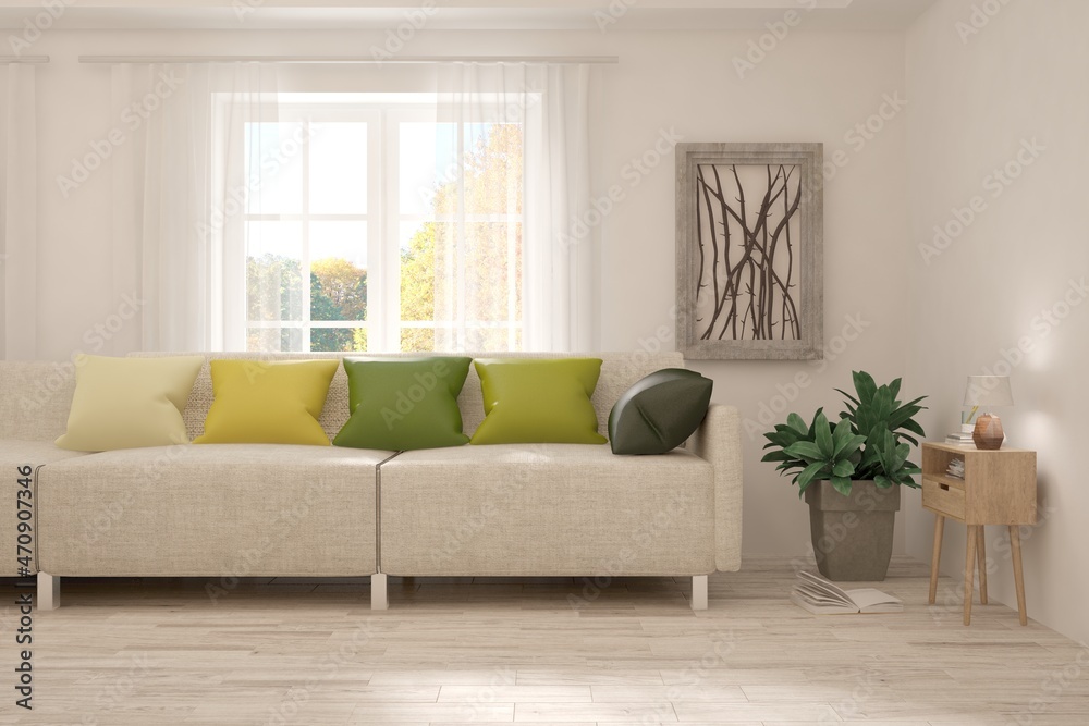Stylish room in white color with sofa and autumn landscape in window. Scandinavian interior design. 3D illustration Stylish room in white color with sofa and autumn landscape in window. Scandinavian interior design. 3D illustration