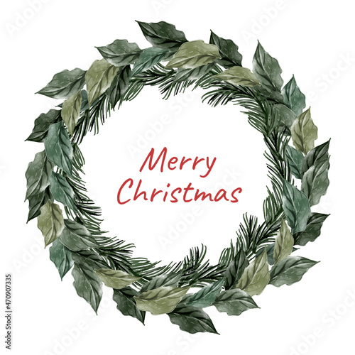 Watercolor wreath with christmas tree branches and holly leaves