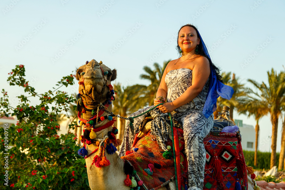 Woman tourist in a cape on her head rides a camel on a city street against the backdrop of palm trees.