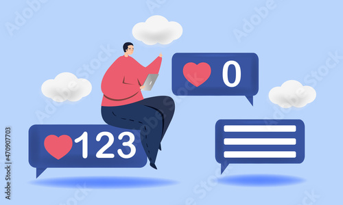Young man is sitting on social media interface likes in the sky. Concept of social media, comments and followers using mobile and desktop application. Flat cartoon vector illustration