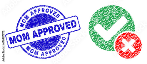 Vector false positive icon collage is formed from scattered recursive false positive items. Mom Approved grunge blue round stamp seal. Recursive combination from false positive icon.
