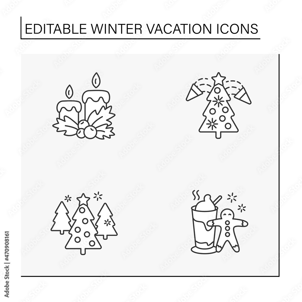 Winter vacation line icons set. Christmas atmosphere. Candles, eve, hot chocolate with gingerbread. Christmas presents. Special date. Celebration concept. Isolated vector illustration. Editable stroke