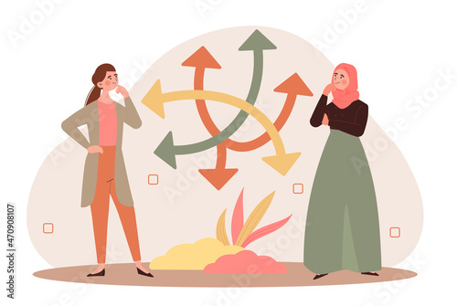 Two women are taking difficult and complex task questions. Concept of decision making process with many solution path choices. Career routes arrows. Flat cartoon vector illustration