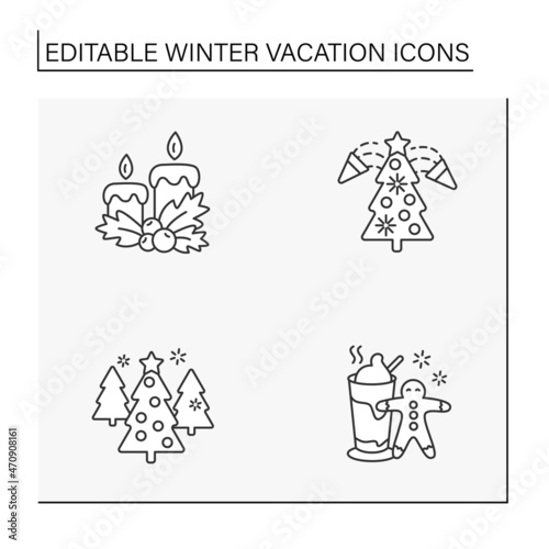 Winter vacation line icons set. Christmas atmosphere. Candles, eve, hot chocolate with gingerbread. Christmas presents. Special date. Celebration concept. Isolated vector illustration. Editable stroke