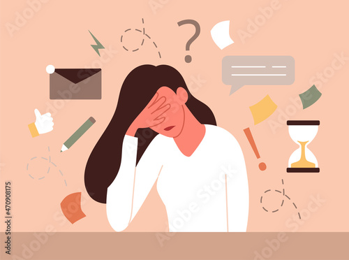Woman is suffering from depression, closing face with a palm in despair. Concept of mental disorder, finding answers, confusion. Flat cartoon vector illustration