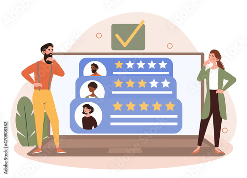 Man and woman are choosing best candidate for job. Hr managers searching new employee. Recruitment process. Concept of human resource management and hiring. Flat cartoon vector illustration